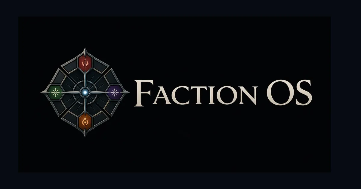 FactionOS wordmark and compass mark on a dark Open Graph preview.